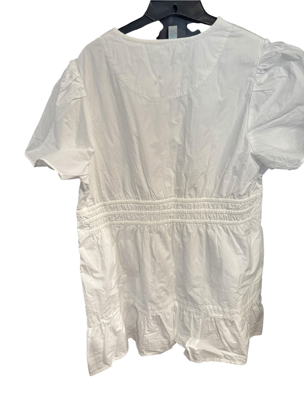 Quince white poplin Short Puff Sleeve Smocked Waist Mini Dress - Picture 3 of 5